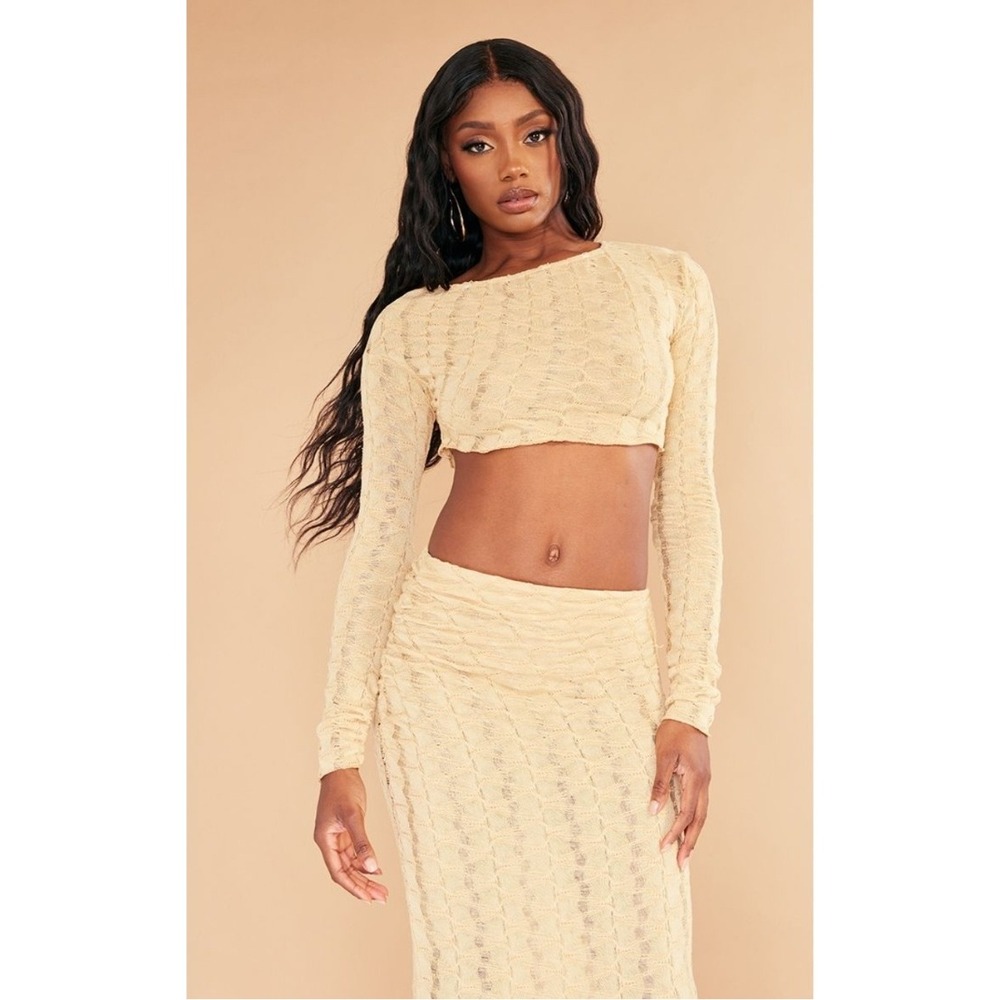 PrettyLittleThing Knit Crop‎ Top & Skirt Set Ruched Bodycon Beige Size 6 NWT